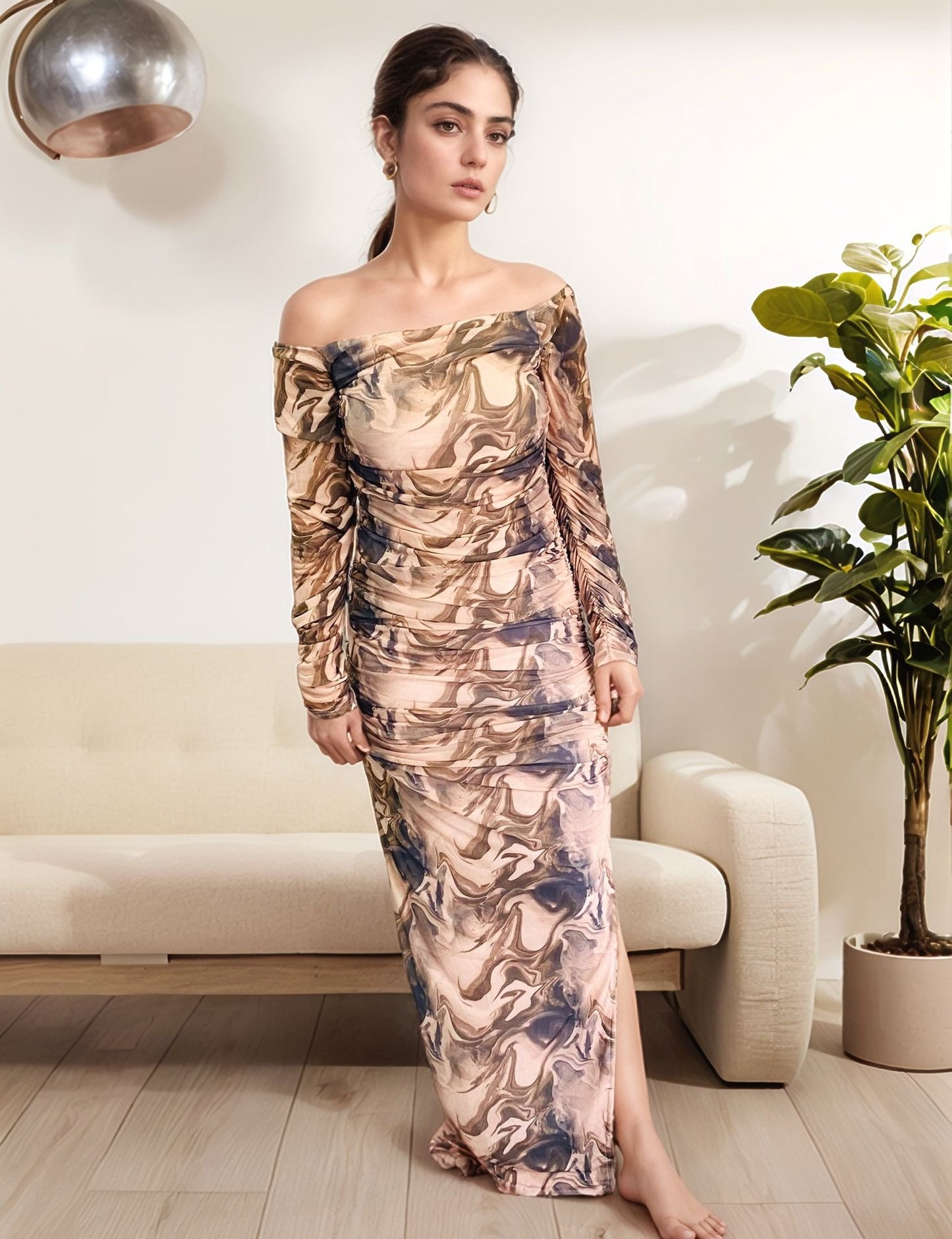 Neutral Marble Print Off-Shoulder Ruched Maxi Dress