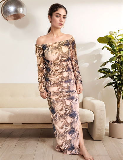 Neutral Marble Print Off-Shoulder Ruched Maxi Dress