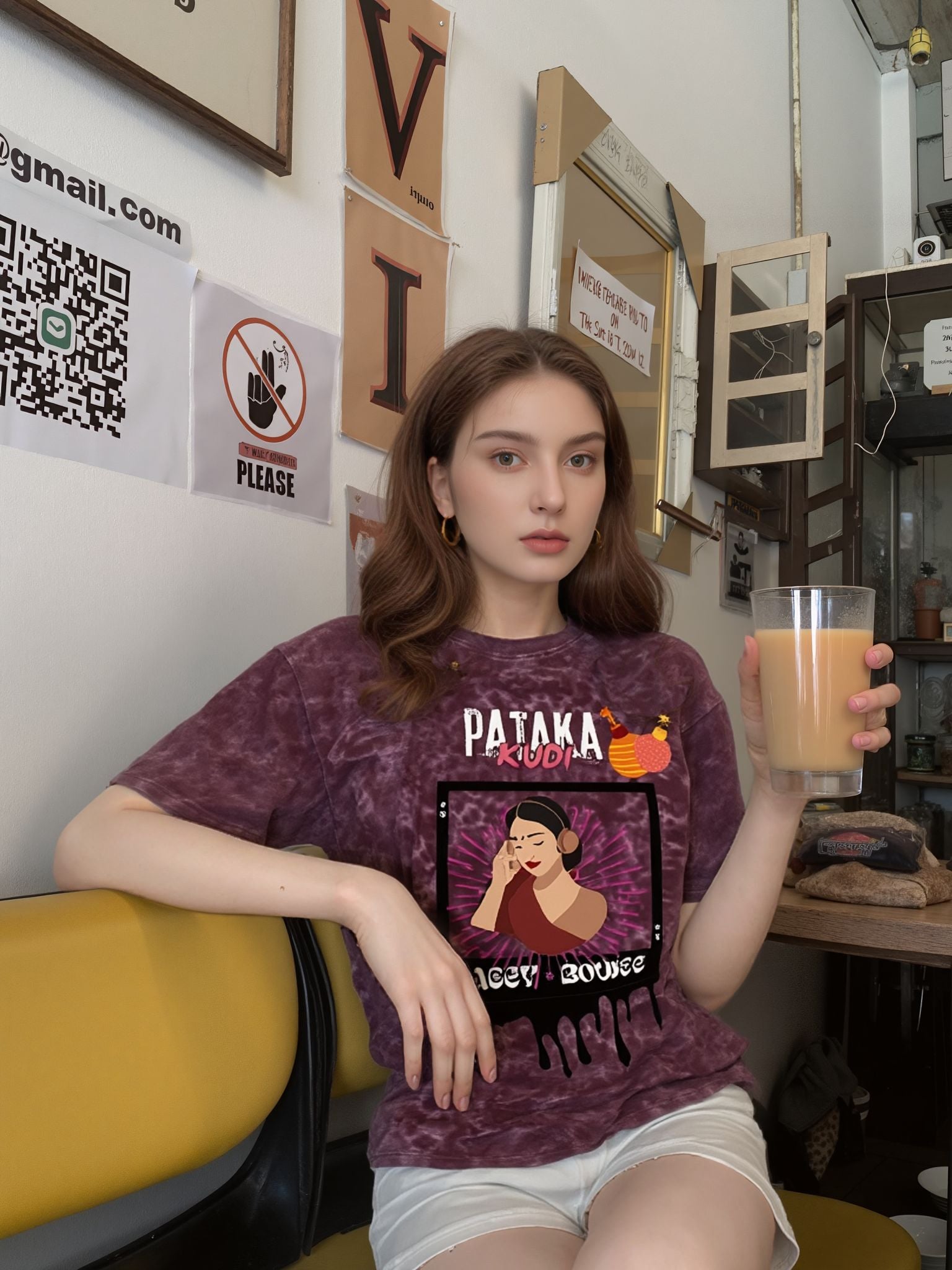Woman wearing a maroon t-shirt with a graphic design, sitting in a room with various decorations.