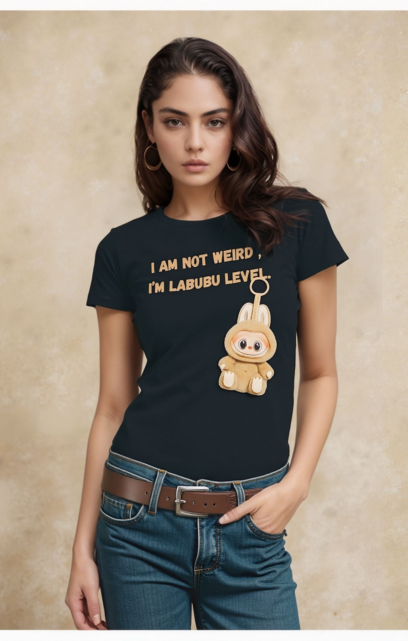A woman dressed in a black graphic t-shirt with the words "I AM NOT WEIRD, I'M LABUBU LEVEL" and a cute plush-style cartoon character, paired with blue jeans and a brown belt, standing against a beige textured background.