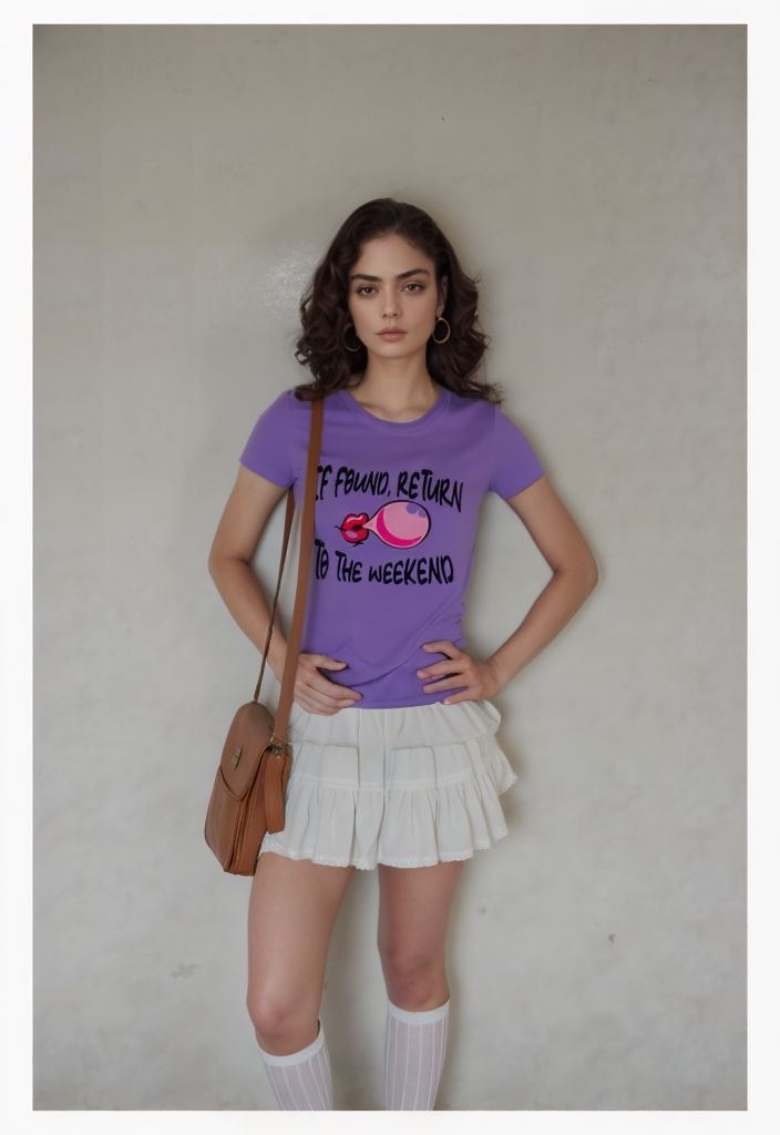 Woman wearing lavender graphic t-shirt with weekend slogan, styled with white skirt