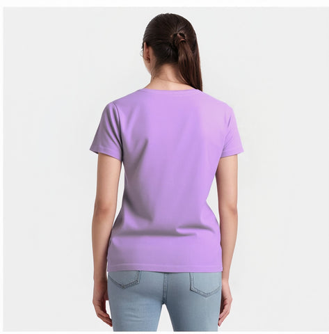 Back view of plain lavender t-shirt showing fit and fabric texture