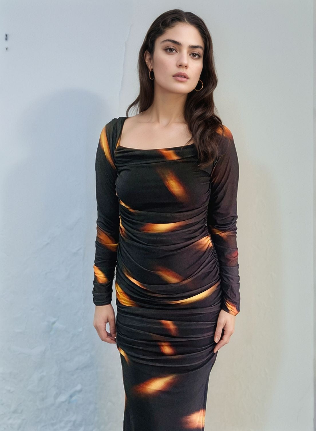 Black ruched bodycon maxi dress for women with square neckline – front view