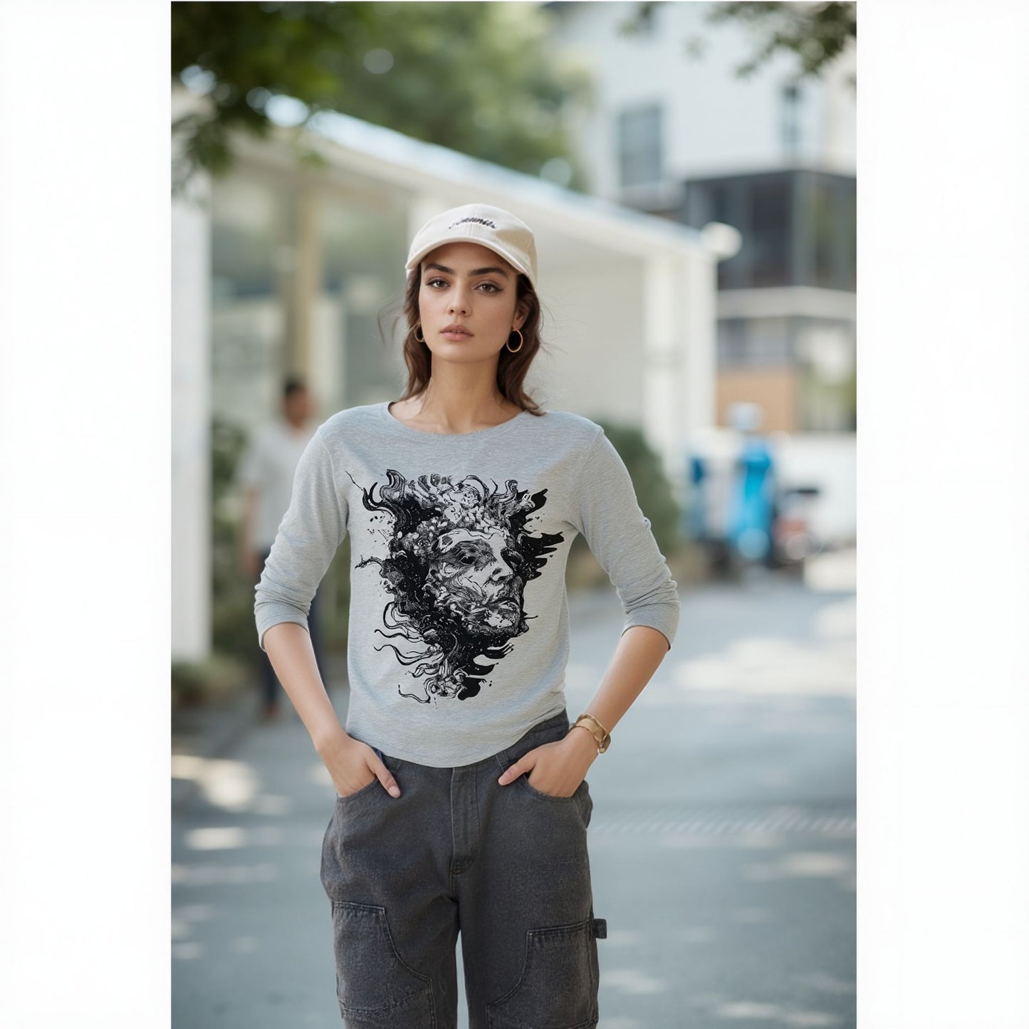 Ethereal Skull Art Graphic Top – Grey Long Sleeve Statement Tee