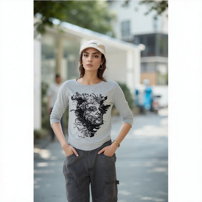 Ethereal Skull Art Graphic Top – Grey Long Sleeve Statement Tee