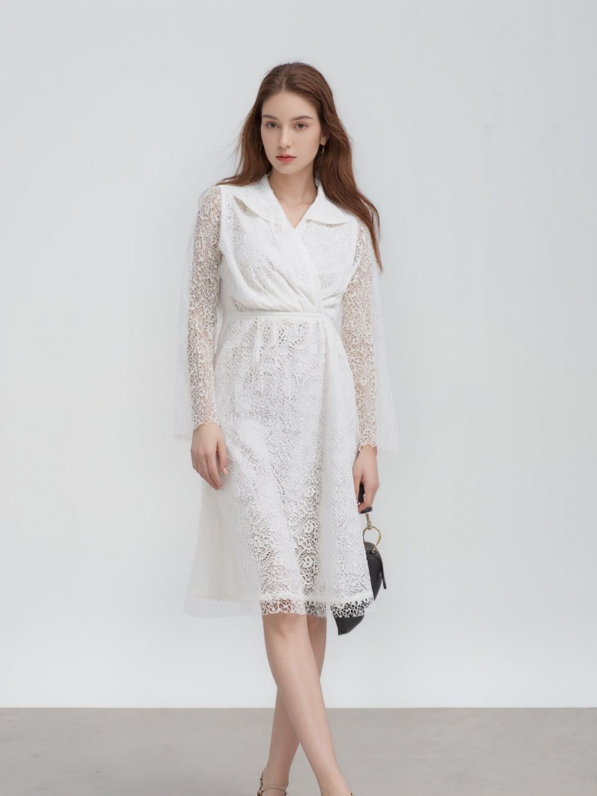 Ethereal White Lace Mesh Dress with Collared Wrap Neck