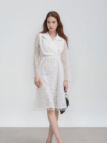 Ethereal White Lace Mesh Dress with Collared Wrap Neck