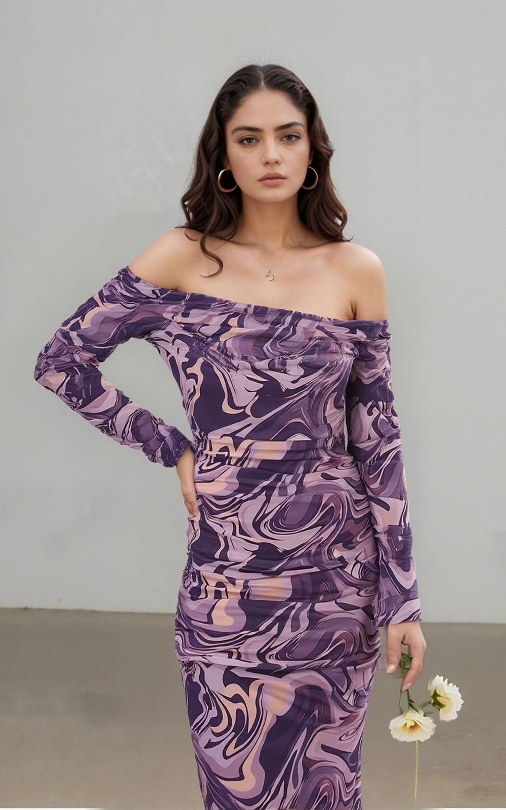 Purple Marble Print Off-Shoulder Bodycon Dress