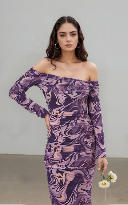 Purple Marble Print Off-Shoulder Bodycon Dress