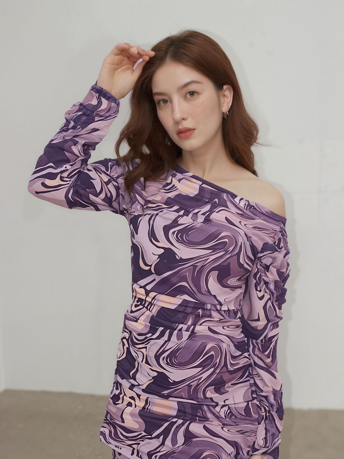 Purple Marble Print Off-Shoulder Bodycon Dress