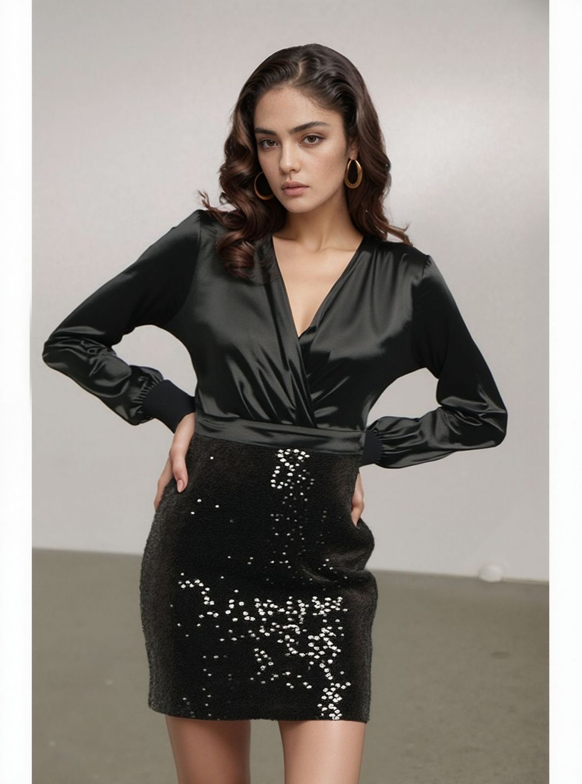 Black Satin & Sequin Mini Dress – Luxe Evening Partywear