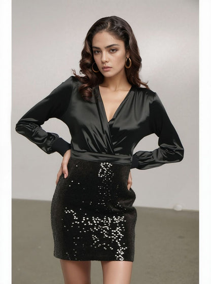 Black Satin & Sequin Mini Dress – Luxe Evening Partywear