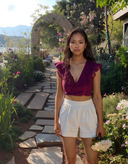 Wine Lace Ruffle Sleeve Wrap Crop Top – Elegant &amp; Trendy