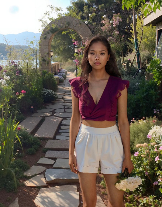 Wine Lace Ruffle Sleeve Wrap Crop Top – Elegant &amp; Trendy