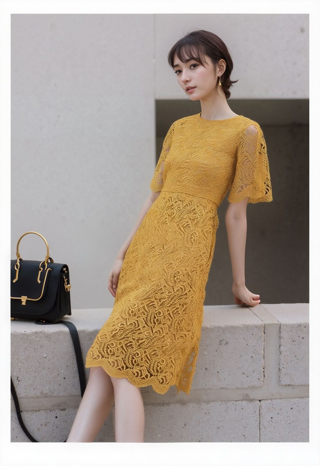 Elegant Yellow Lace Midi Dress – Chic &amp; Timeless
