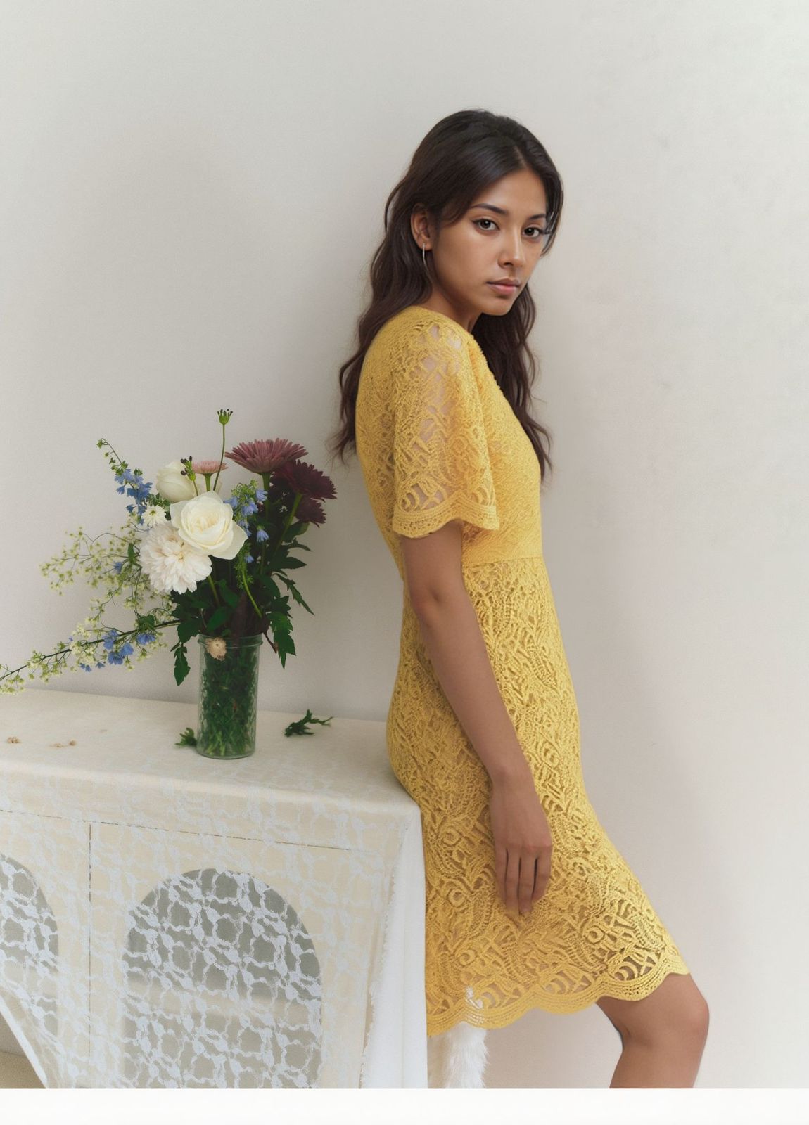 Elegant Yellow Lace Midi Dress – Chic &amp; Timeless