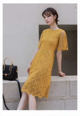 Elegant Yellow Lace Midi Dress – Chic &amp; Timeless