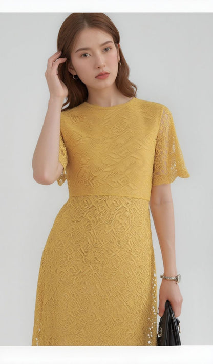 Elegant Yellow Lace Midi Dress – Chic &amp; Timeless