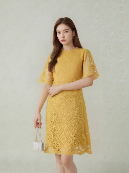 Elegant Yellow Lace Midi Dress – Chic &amp; Timeless