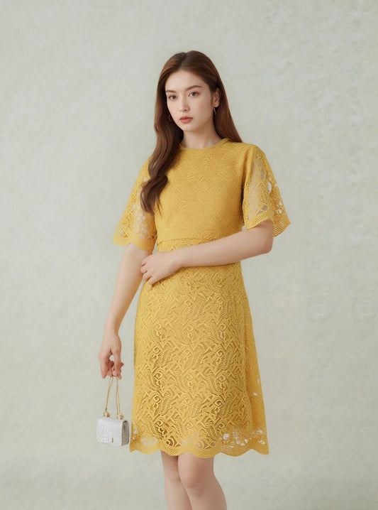 Elegant Yellow Lace Midi Dress – Chic &amp; Timeless