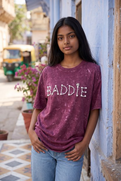 Women’s Pearl Embellished Oversized T-Shirt | Acid Wash BADDIE Tee