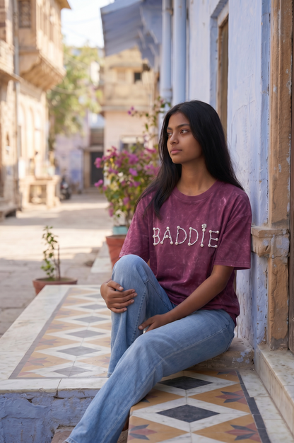 Women’s Pearl Embellished Oversized T-Shirt | Acid Wash BADDIE Tee