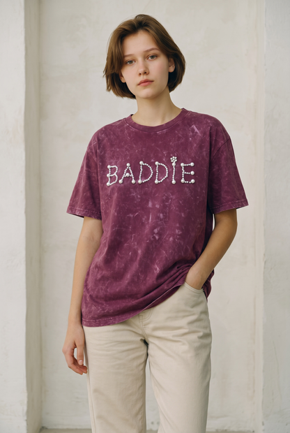 Women’s Pearl Embellished Oversized T-Shirt | Acid Wash BADDIE Tee