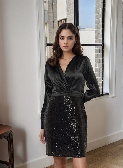 Black Satin & Sequin Mini Dress – Luxe Evening Partywear