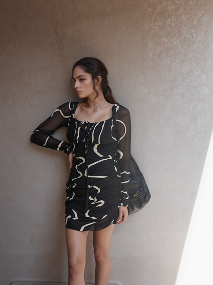 Black & White Swirl Mesh Bodycon Dress
