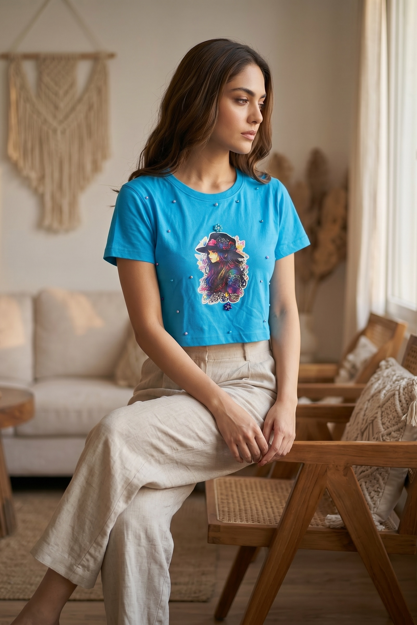 Woman wearing a blue graphic crop top with pearl and rhinestone embellishments in a casual indoor setting.