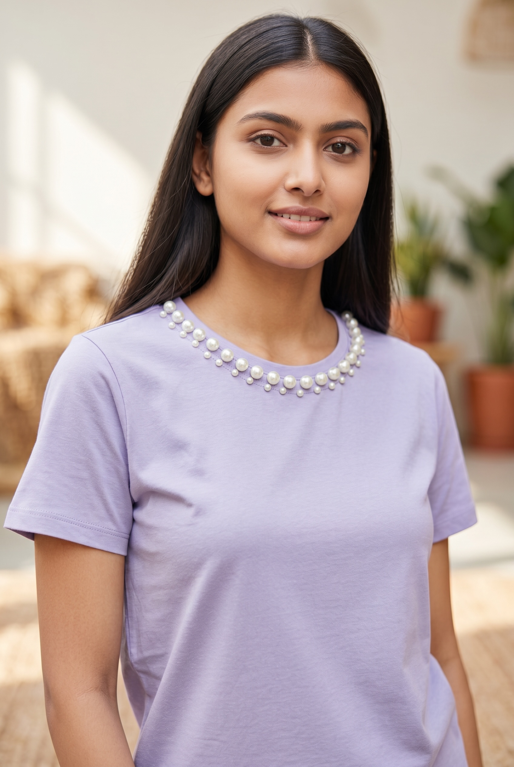 Woman wearing a lavender cotton crop top with a hand-embellished pearl neckline.

