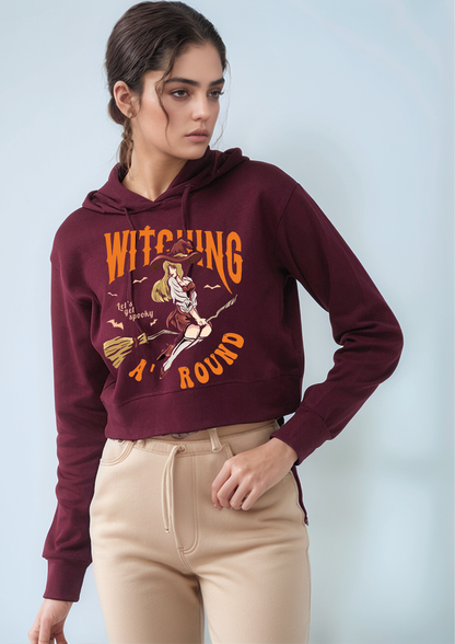 LushLounge Maroon Cropped Hoodie – Witching Around Graphic Cotton Sweatshirt