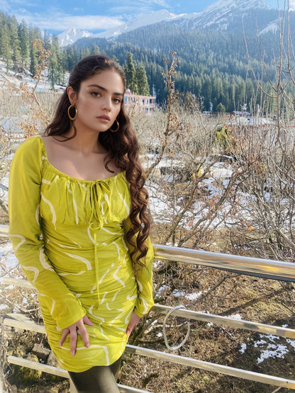 Lime Glow Ruched Mesh Bodycon Mini Dress