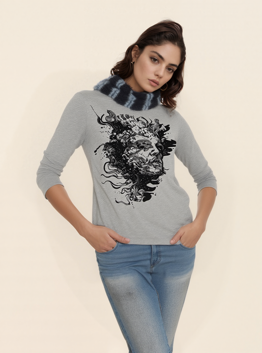 Ethereal Skull Art Graphic Top – Grey Long Sleeve Statement Tee