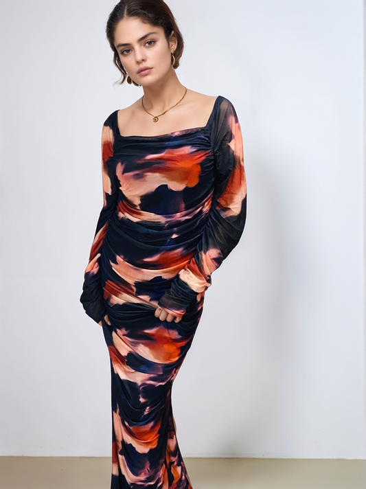 Sunset Bloom Mesh Maxi –Ombre Bodycon Dress