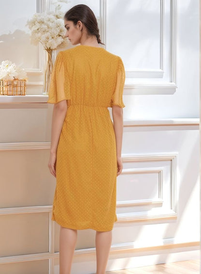 Mustard Yellow Polka Dot Midi Dress with Flowy Sleeves