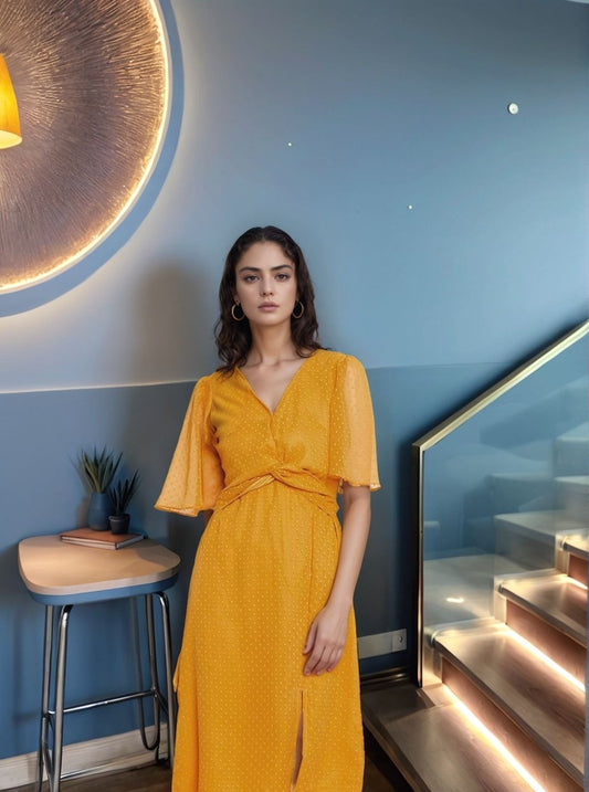 Mustard Yellow Polka Dot Midi Dress with Flowy Sleeves