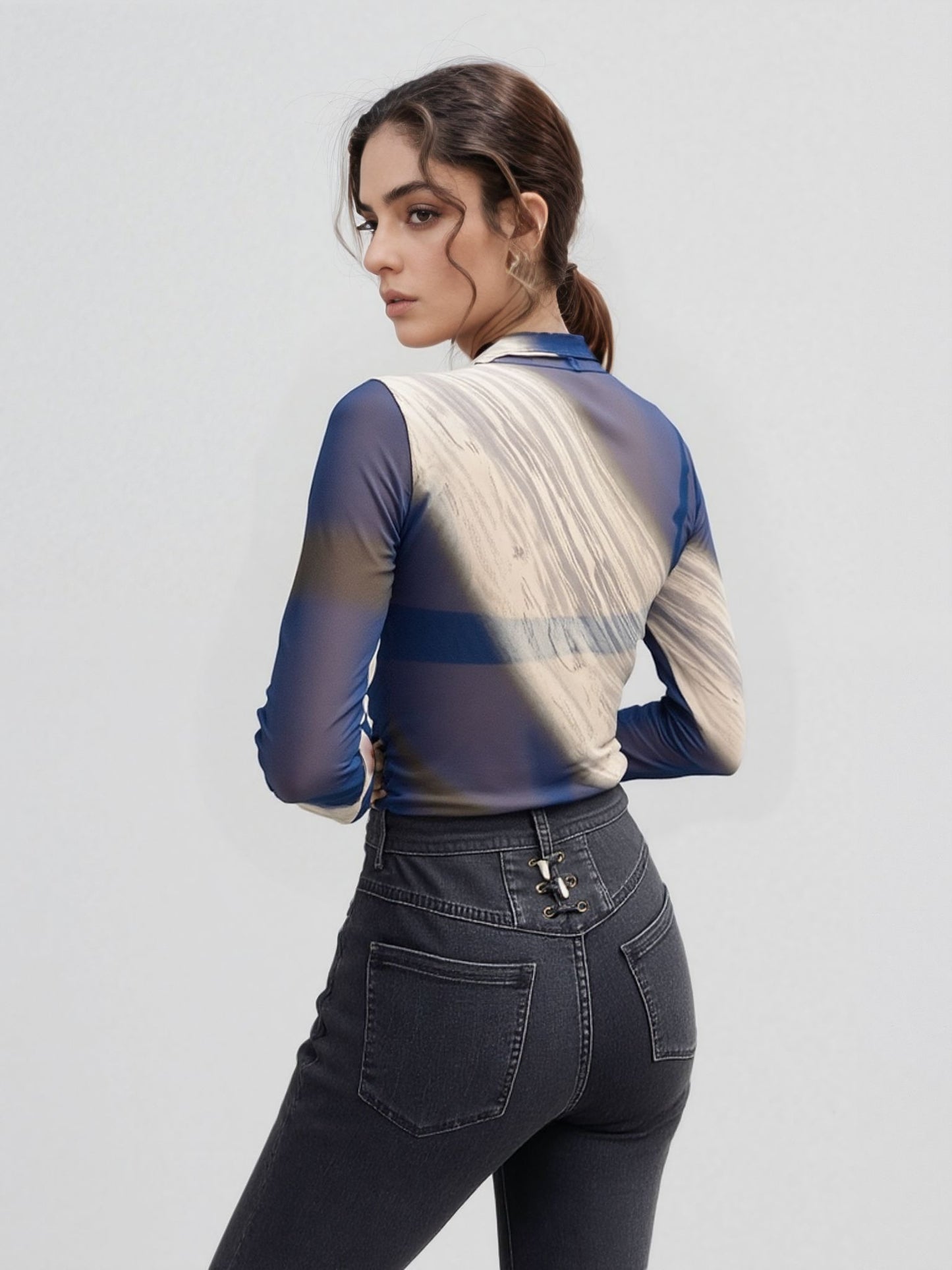 Ocean Marble Mesh Ruched Long Sleeve Top