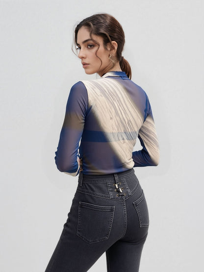 Ocean Marble Mesh Ruched Long Sleeve Top