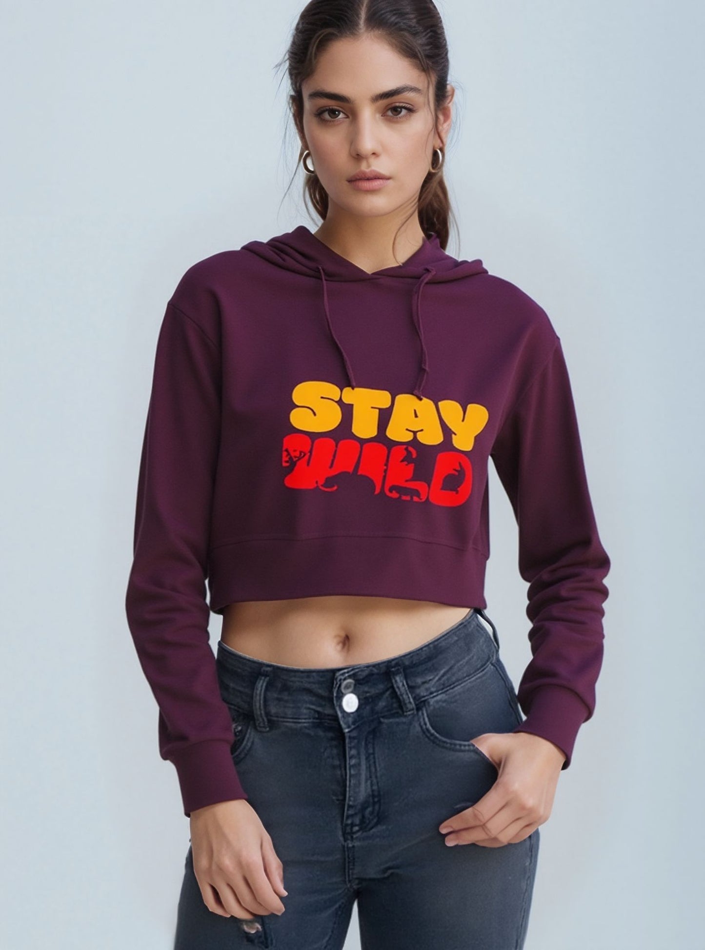 Stay Wild Cropped Hoodie – Maroon Adventure Edition