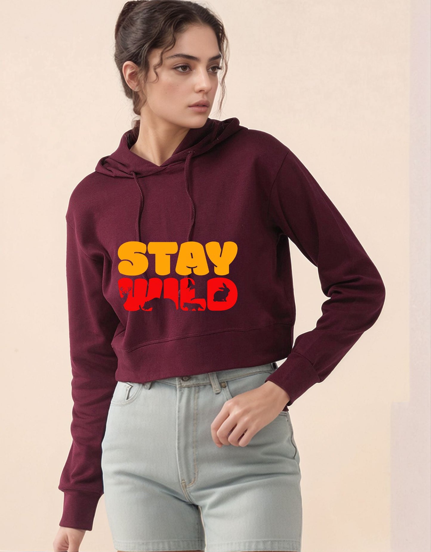 Stay Wild Cropped Hoodie – Maroon Adventure Edition