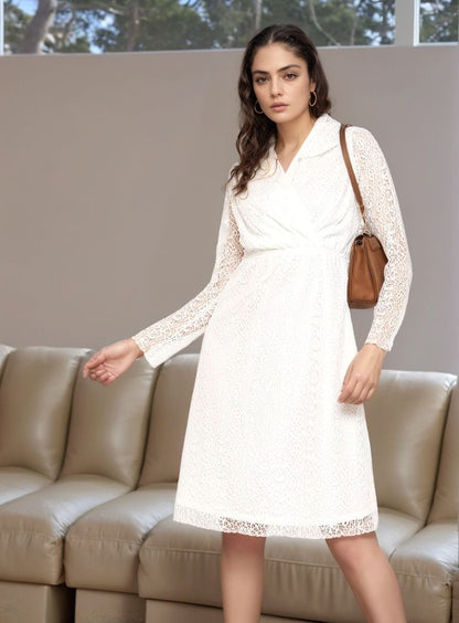 Ethereal White Lace Mesh Dress with Collared Wrap Neck