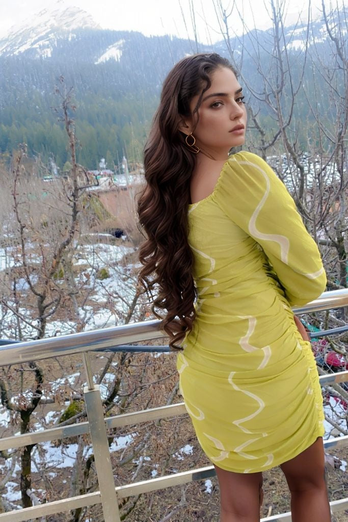 Lime Glow Ruched Mesh Bodycon Mini Dress