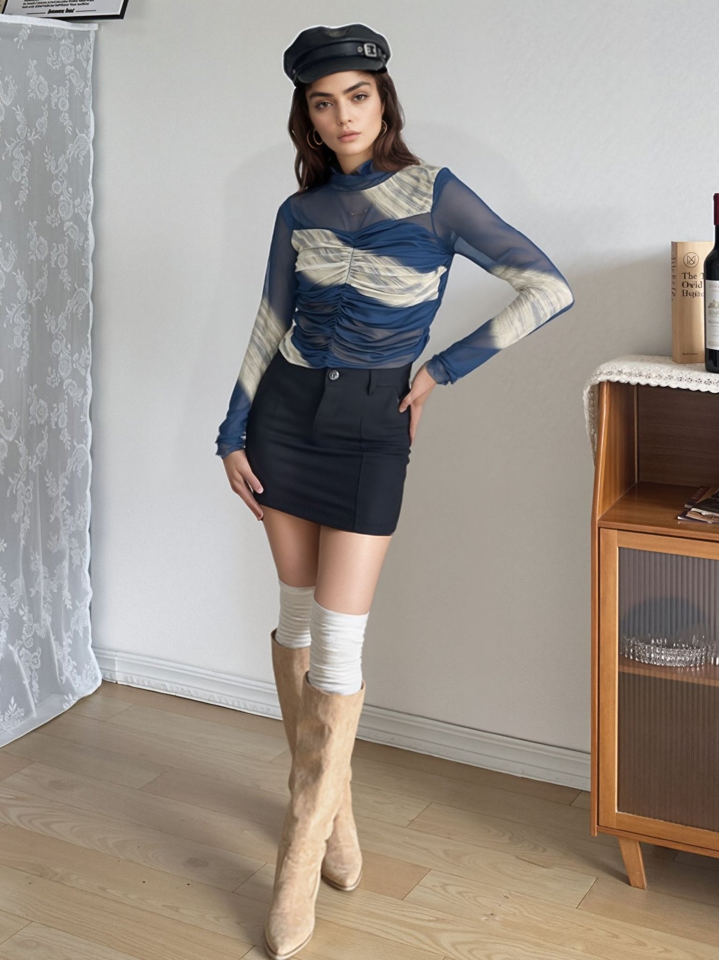 Ocean Marble Mesh Ruched Long Sleeve Top