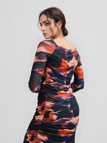 Sunset Bloom Mesh Maxi –Ombre Bodycon Dress