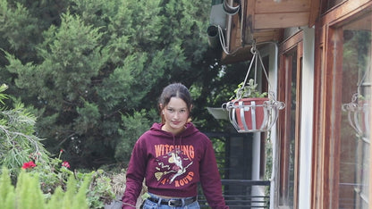 LushLounge Maroon Cropped Hoodie – Witching Around Graphic Print
