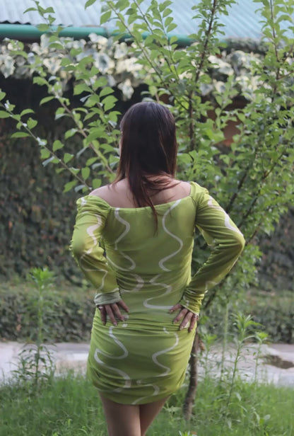 Lime Glow Ruched Mesh Bodycon Mini Dress