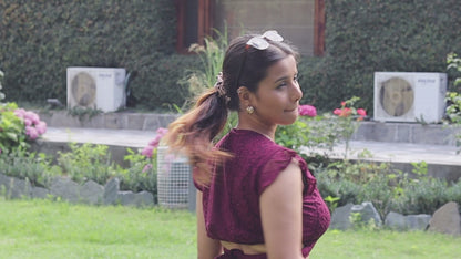 Wine Lace Ruffle Sleeve Wrap Crop Top –