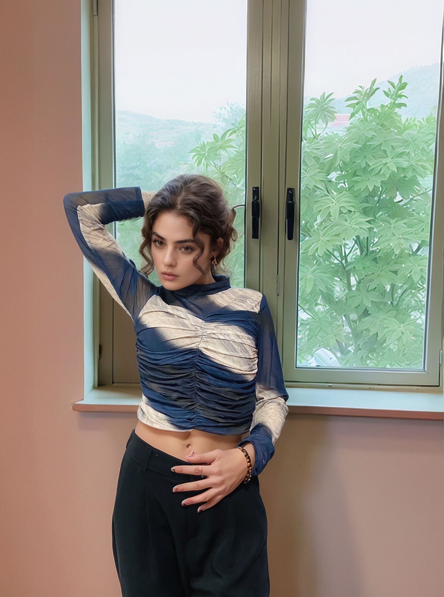 Ocean Marble Mesh Ruched Long Sleeve Top