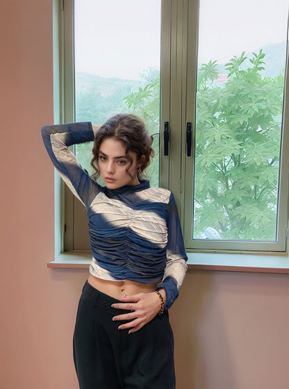 Ocean Marble Mesh Ruched Long Sleeve Top